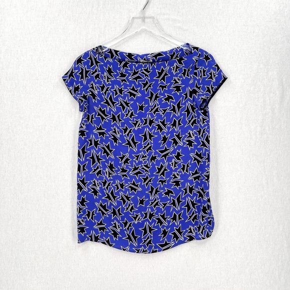 MIU MIU Shirt Womens 36 Blue Silk Star Print Short Sleeve Boat Neck Top Blouse - Picture 1 of 16